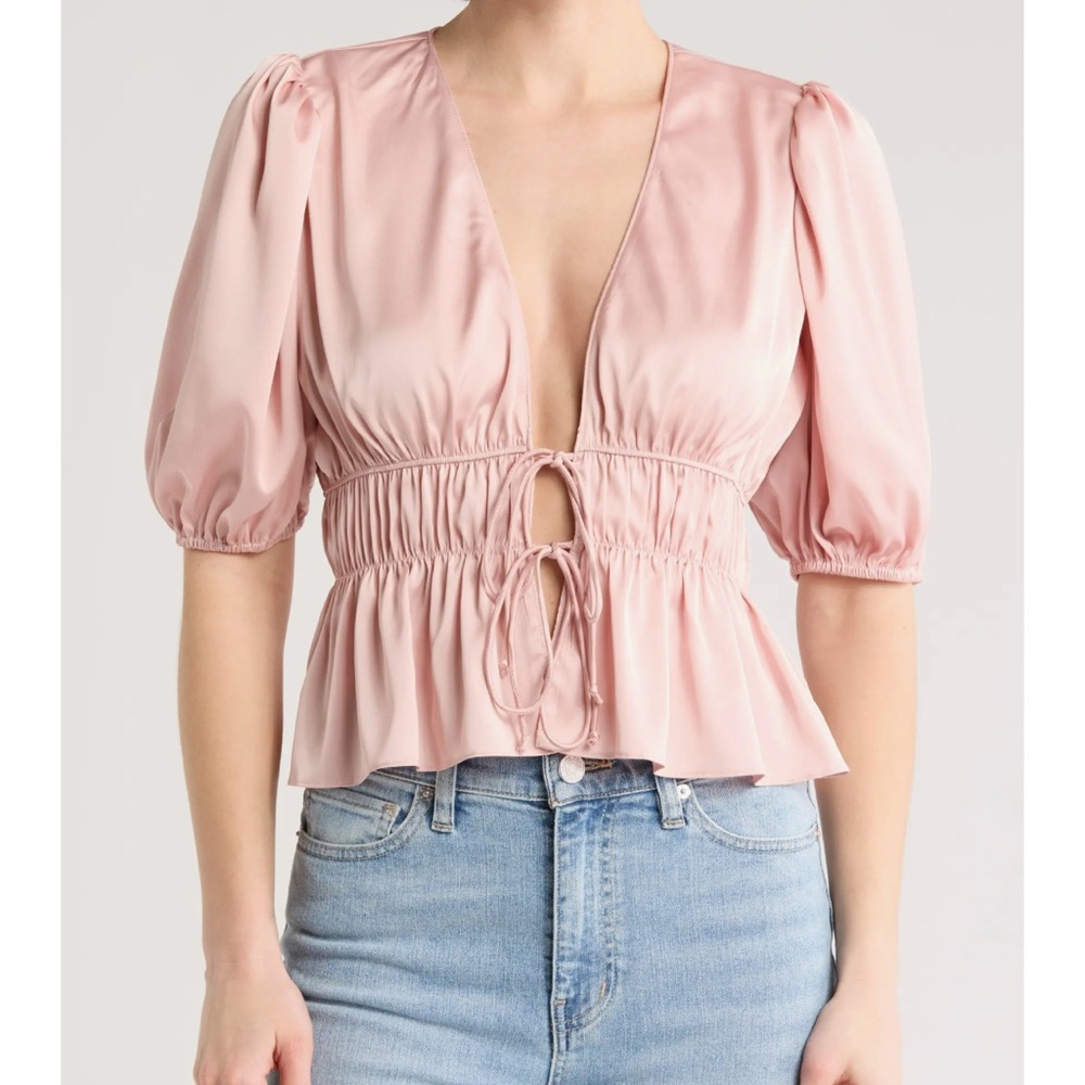Wayf Pink Puff Sleeve Tie Front Blouse